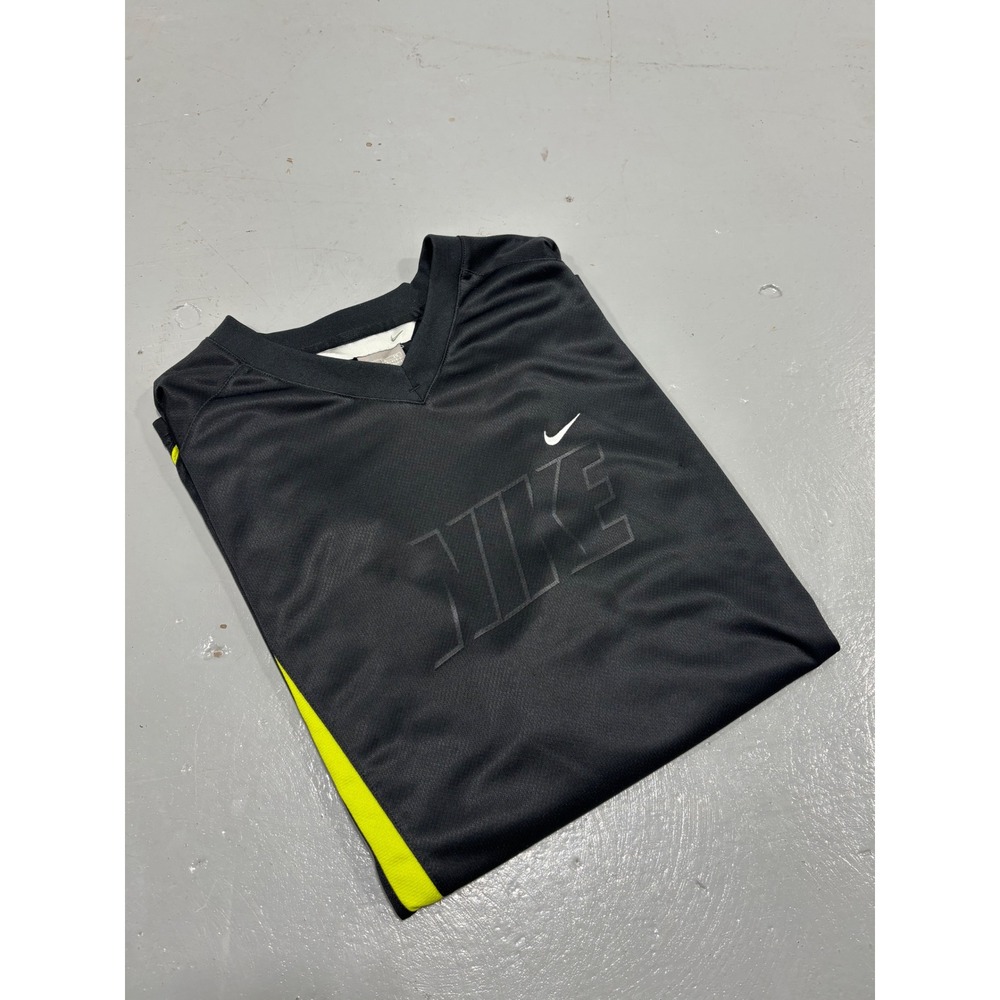 Nike Mens XL Black Neon Green Stripe V-Neck Athletic Training Shirt Short Sleeve